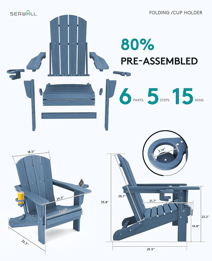 SERWALL Folding Adirondack Chair, HDPE Adirondack Chairs Set of 2, Plastic - Image 3