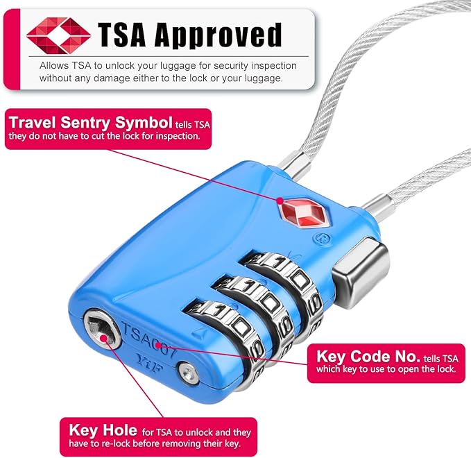 ZHEGE TSA Cable Luggage Lock 3 Digit Combination Padlock - Image 2