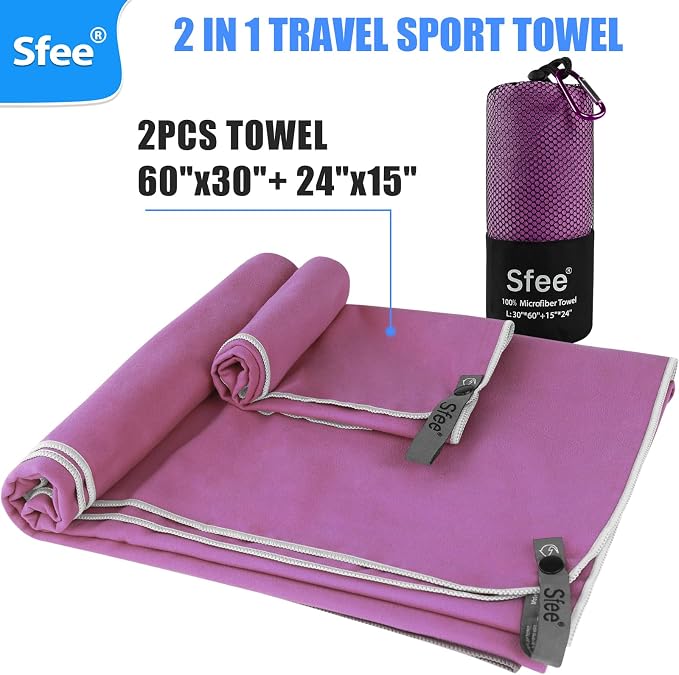 Sfee 2 Pack Microfiber Travel Towel, Quick Dry Camping Towel Large Beach Towel - Image 3
