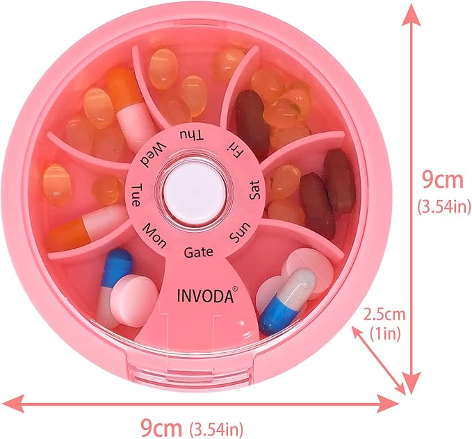 INVODA Weekly Pill Organizer 7 Compartment Rotating Pill Box - Image 5