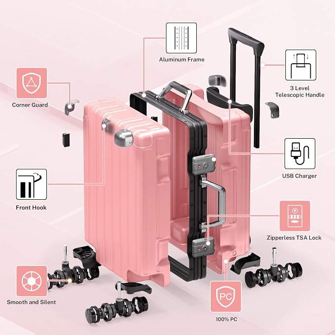 Krute Aluminum Frame Carry On Luggage 20 Inch Zipperless Luggages USB Charger - Image 4