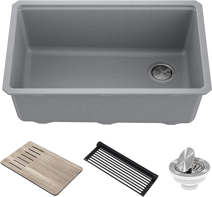 KRAUS Kitchen Sink Bellucci 29” Undermount Workstation Granite, Metallic Gray by KRAUS