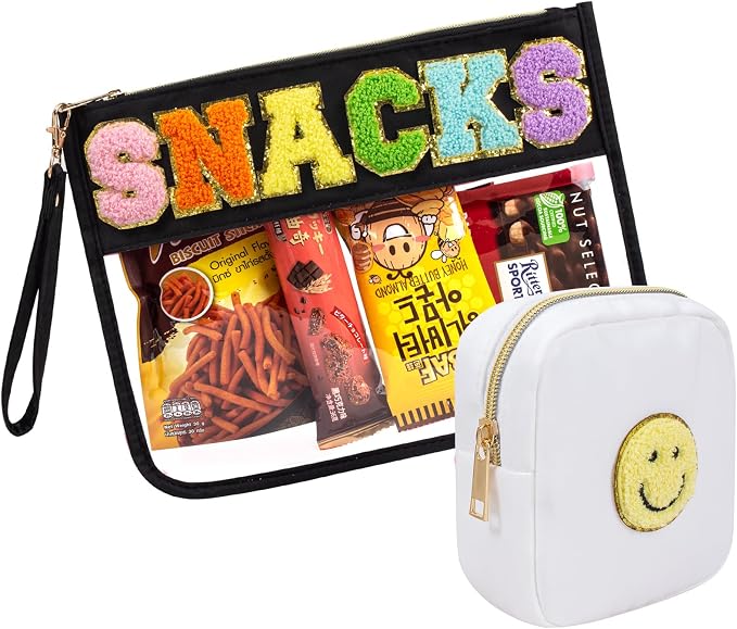 2 Pcs Snack Pouch Chenille Letter Clear Zipper Snack Bag, Nylon Snack Pouch by FFpaw