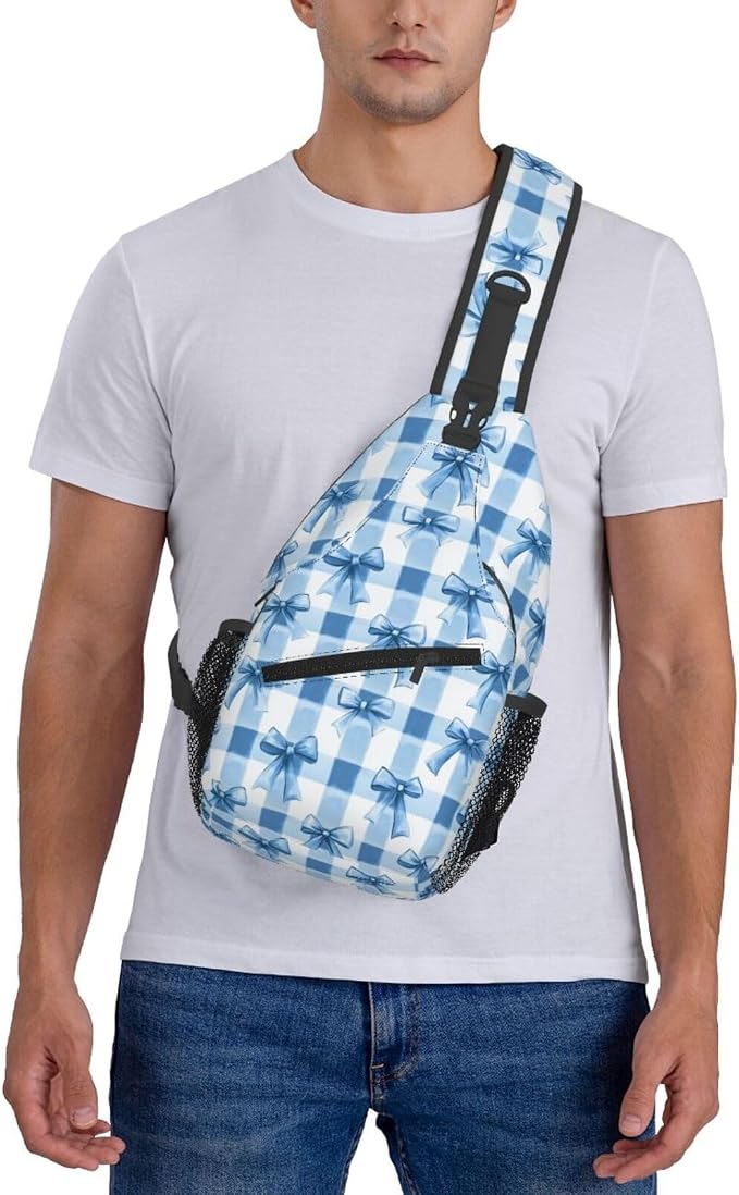 SUPLUCHOM Sling Bag Blue Bows Check Hiking Daypack Crossbody Shoulder Backpack - Image 7