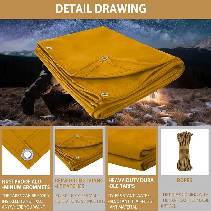 FoundGo 12x16ft Canvas Tarp 22 Mil Tarps 14 oz Canvas Tarpaulin Heavy Duty - Image 6