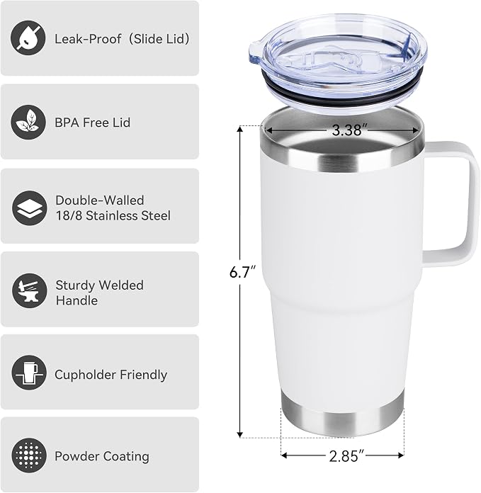 20oz Tumbler with Handle & Lid, Insulated Stainless Steel Travel Mug, Leakproof - Image 2