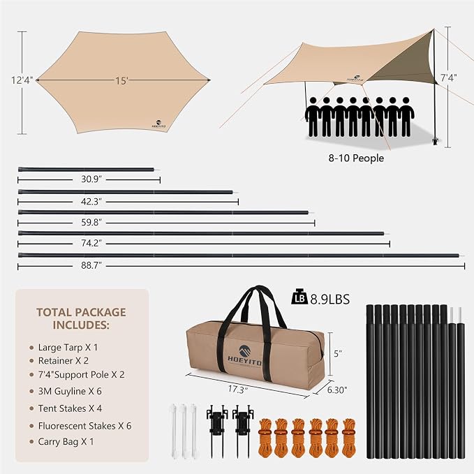 Camping Tarp with Poles & Retainer, 15x12.5FT Large Waterproof 210D Oxford - Image 7
