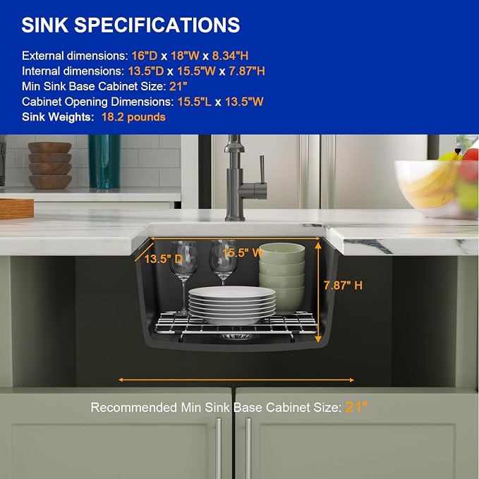Dcolora 18 Inch Quartz Composite Black Wet Bar Sink Undermount Small Prep - Image 6