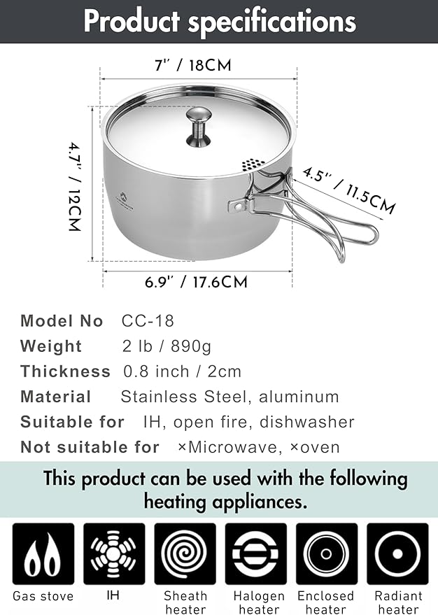 CAMPINGMOON 2 Quart Camping Saucepan 3-ply Stainless Steel Cooking Pot w/Lid - Image 6
