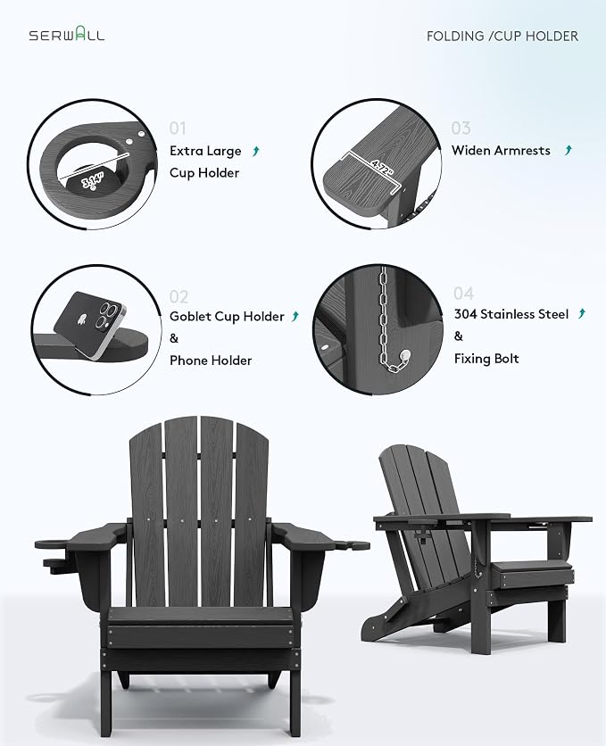 SERWALL Foldable Adirondack Chair Set of 2, HDPE Adirondack Chair - Image 8