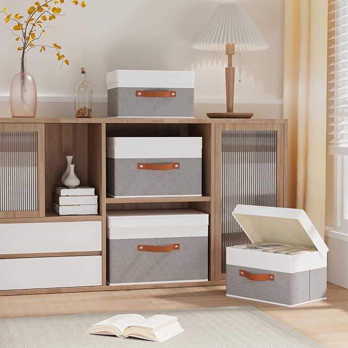 Fabric Storage Bins with Lids, 1 Pack Linen Foldable Cloth Baskets, 15 x 9.8 x - Image 2