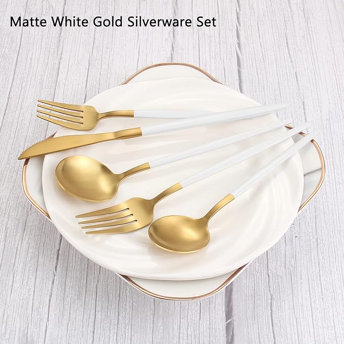 Matte White Gold Silverware Set, 20-Piece Stainless Steel Flatware Set - Image 3