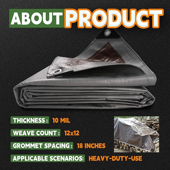 RAINDEWAY Tarps Heavy Duty Waterproof 10x10 Feet, 10Mil Multipurpose Poly Tarp - Image 6
