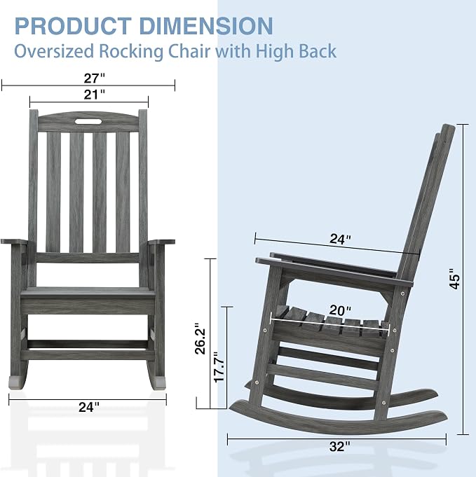Psilvam Outdoor Rocking Chair Set of 2, Poly Lumber Oversized Rocking Chair - Image 5