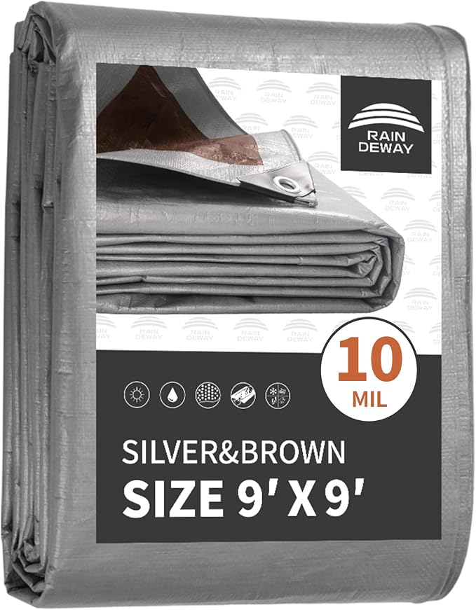 RAINDEWAY Tarps Heavy Duty Waterproof 9x9 Feet, 10Mil Multipurpose Poly Tarp by RAINDEWAY