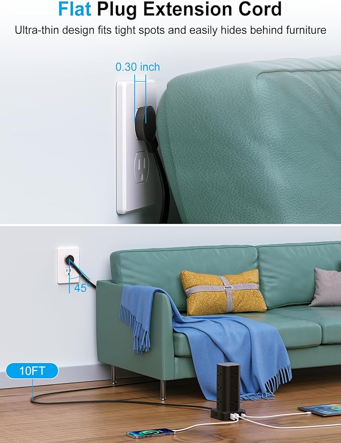 Power Strip with Wireless Charger, Flat Plug Surge Protector with 6FT Extension - Image 3
