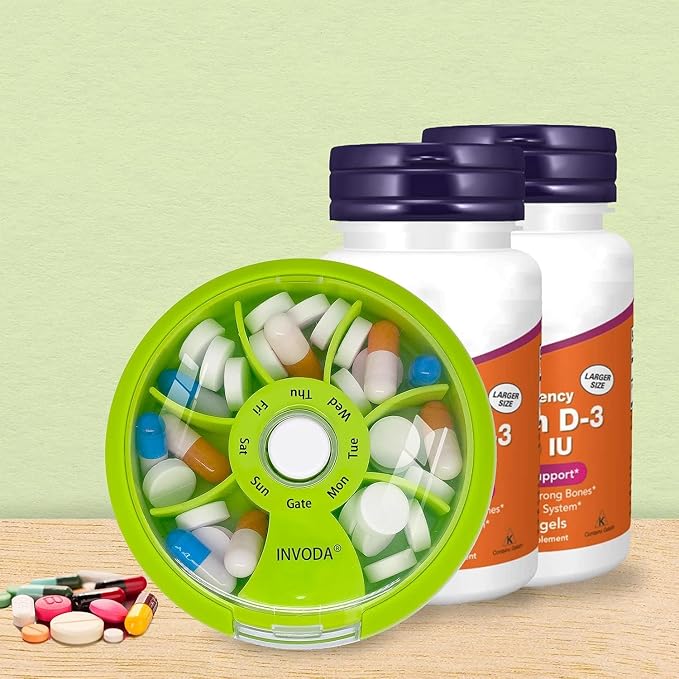 8PCS INVODA Weekly Pill Organizer 7 Compartment Rotating Pill Box - Image 7