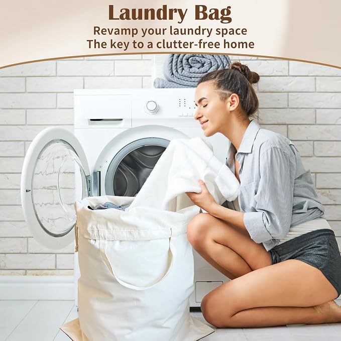 Canvas Laundry Bag with Handles & Drawstring 23.6"x35", Dirty Clothes Travel Bag - Image 8