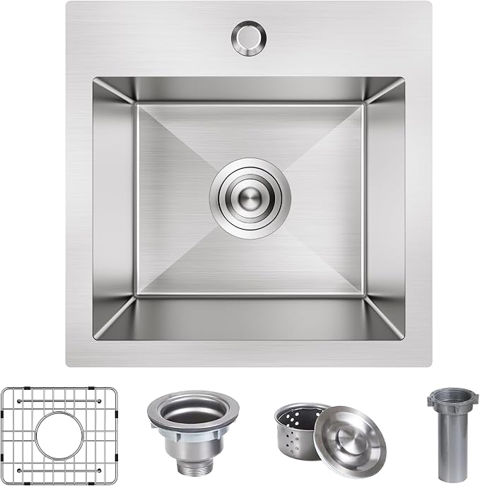 15x15 inch Drop in Bar Sink, 15 inch Small Kitchen Sink Topmount 18 Gauge - Image 8