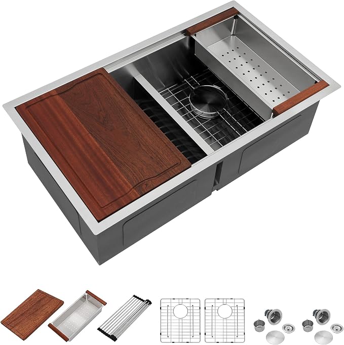 Dcolora 36 Inch Large Double Bowl Low-Divide Kitchen Sink Undermount 16 Gauge by Dcolora