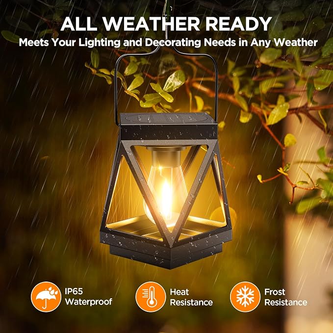 KOOPER 2 Pack Solar Lanterns Outdoor Waterproof, Upgraded Black Metal Hanging - Image 2