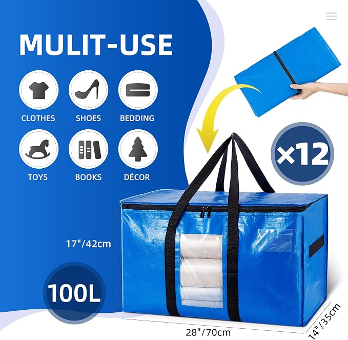 TAILI Extra Large Moving Bags, 12 Pack Blue Heavy Duty Totes - Image 2