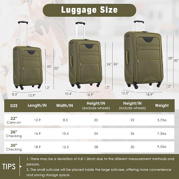 Merax Softside Luggage Set Softshell Lightweight 3 Piece Spinner Suitcase 22" - Image 2