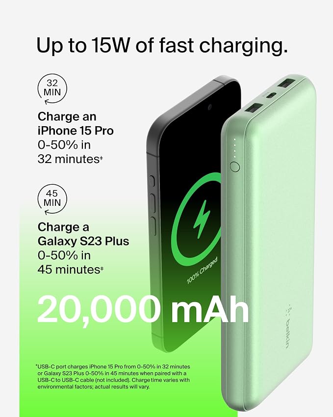 Belkin Portable Charger, USB-C Power Bank 20000 mAh w/ 2X USB-A Ports, 15W - Image 7