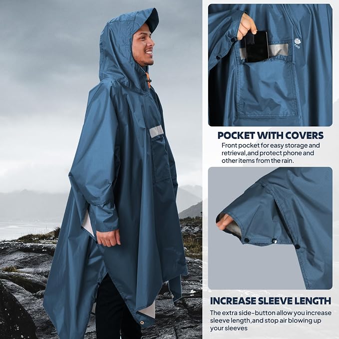 ANYOO Hooded Rain Poncho for Adults Waterproof Lightweight Rain Coat for Men - Image 6