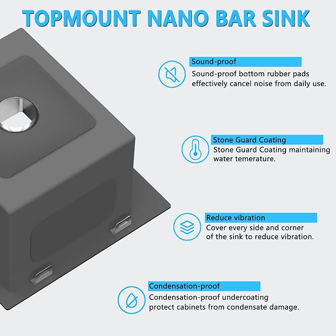 15x15 inch Drop in Bar Sink, 15 inch Small Kitchen Sink Topmount 18 Gauge - Image 5