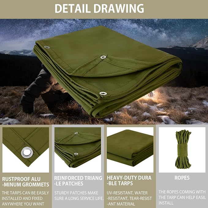 FoundGo Canvas Tarp 10x12ft Heavy Duty Waterproof Tarps - Image 5