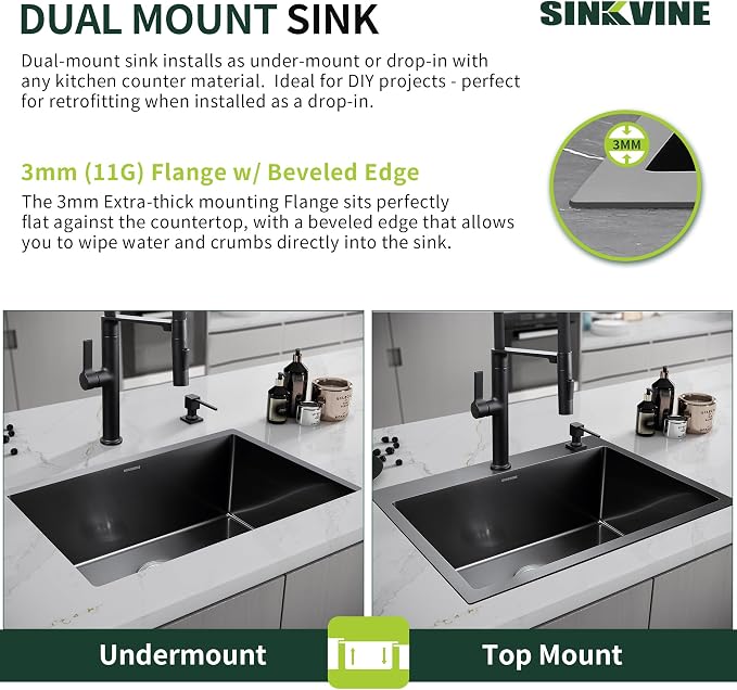 Black Drop-In Kitchen Sink 25 x 22 inch, SINKVINE PVD Nano Stainless Steel Sink - Image 9