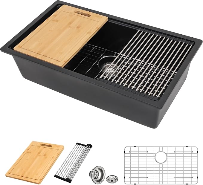 33 Inch Black Granite Composite Kitchen Sink Workstations Black Quartz by DONSDEY