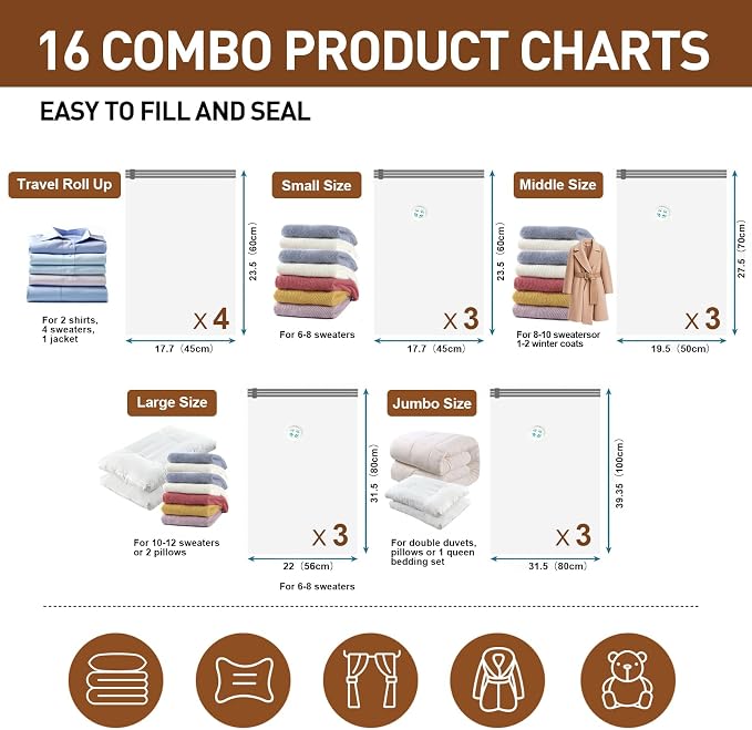 Vacuum Seal Bags for Clothing Travel, 16 Pack Vacuum Storage Bags - Image 4