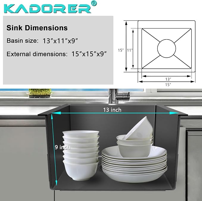 15 x 15 Inch Drop In Kitchen Bar Sink, Stainless Steel Single Bowl Topmount Bar - Image 3