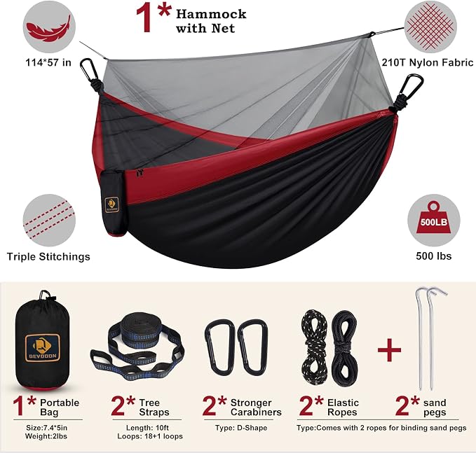 Camping Hammock with Net, Travel Portable Lightweight Hammocks with Tree Straps - Image 6
