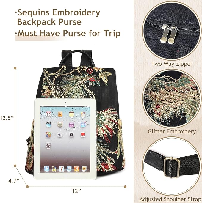 Jursccu Glitter Embroidery Women Backpack Purse, Fashion Canvas Travel - Image 3