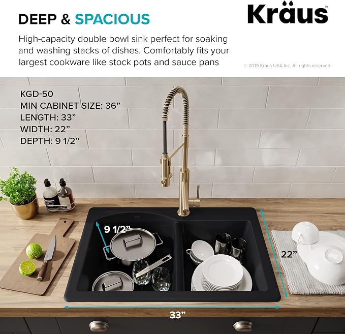 KRAUS Forteza™ 33” Dual Mount 60/40 Double Bowl Granite Kitchen Sink in Black - Image 3
