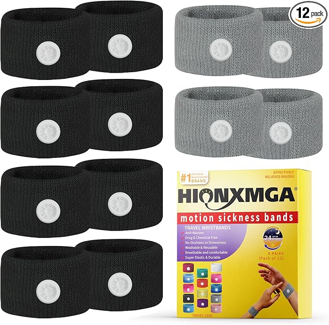 6 Pairs Motion Sickness Bands – Natural Anti Nausea Acupressure Wristbands by HIONXMGA
