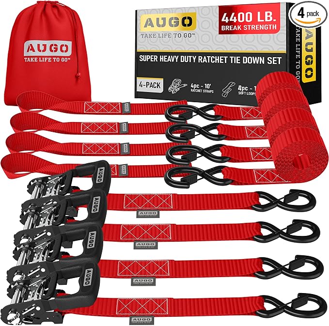 AUGO Heavy Duty Ratchet Straps & Soft Loops – Pack of 4 Extra Strong 1.5” by by AUGO