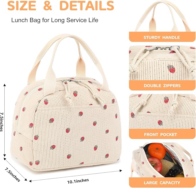 Bluboon Lunch Bag for Women Men Cute Corduroy Lunch Tote Bags Reusable - Image 6