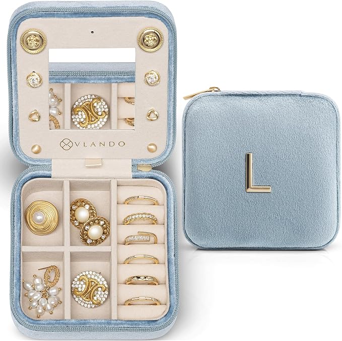 Vlando Travel Jewelry Case for Women Girls, L Initial Travel Jewelry Case by VLANDO