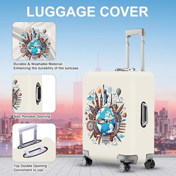 ANNA QUEEN Travel Around the World Luggage Cover, Colorful Landmark Suitcase - Image 2