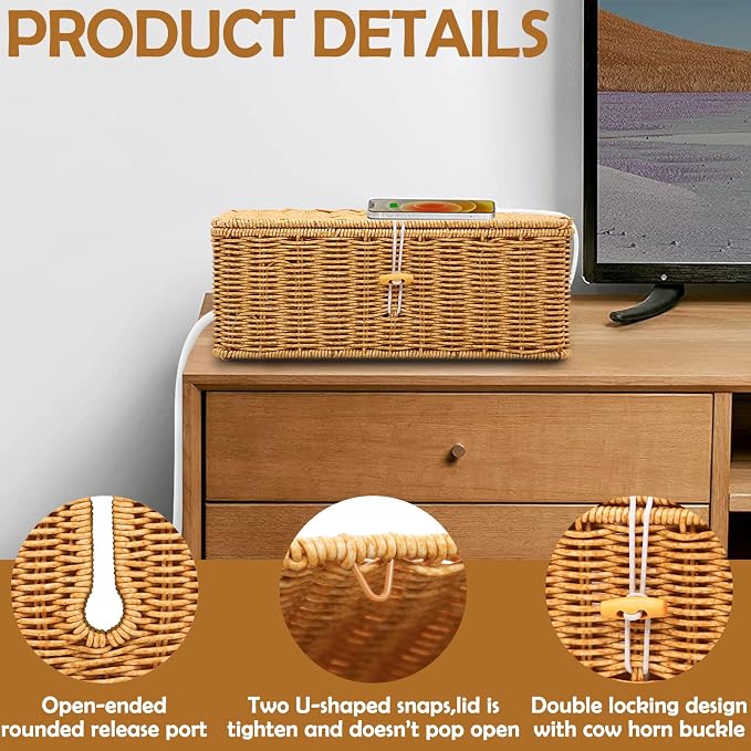 2PCS Cable Management Box, Handmade Rattan Cable Organizer, Open Slots Cords - Image 4