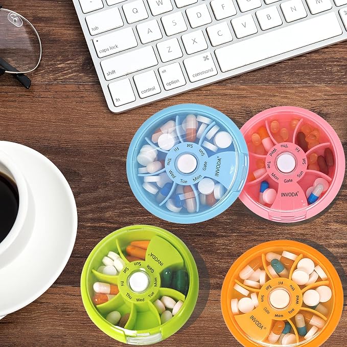 INVODA Weekly Pill Organizer 7 Compartment Rotating Pill Box - Image 7
