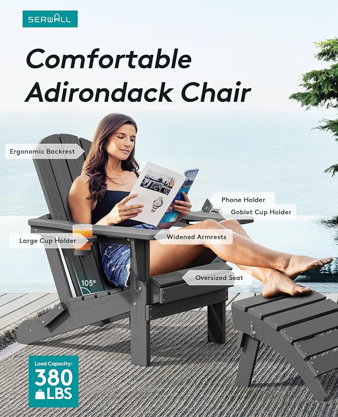 SERWALL Foldable Adirondack Chair Set of 8, Oversized HDPE Adirondack Chair - Image 3