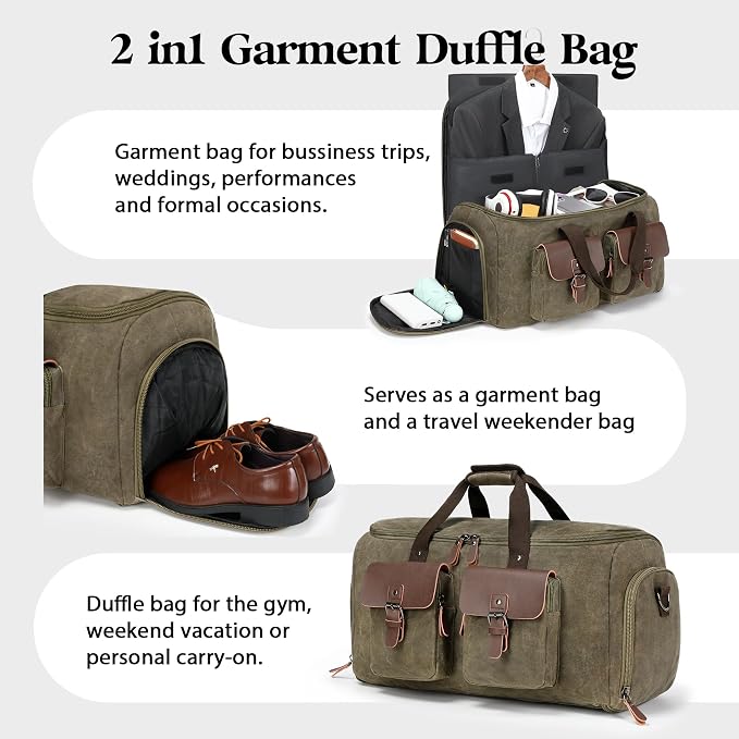 Waxed Canvas Garment Bags for Travel, Convertible Carry On Garment Duffel Bag - Image 3