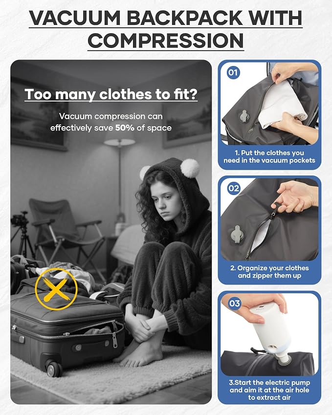 Black Vacuum Backpack With Vacuum Compression, Expanded Travel Laptop Backpacks - Image 5