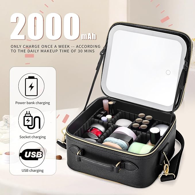 Travel Makeup Bag with Light Up Mirror, Cosmetic Artist Organizer Case with LED - Image 5