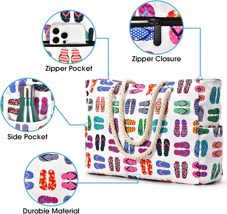 Becokan Beach Bags for Women Large Waterproof Beach Tote Bag Zipper Beach Bags - Image 2